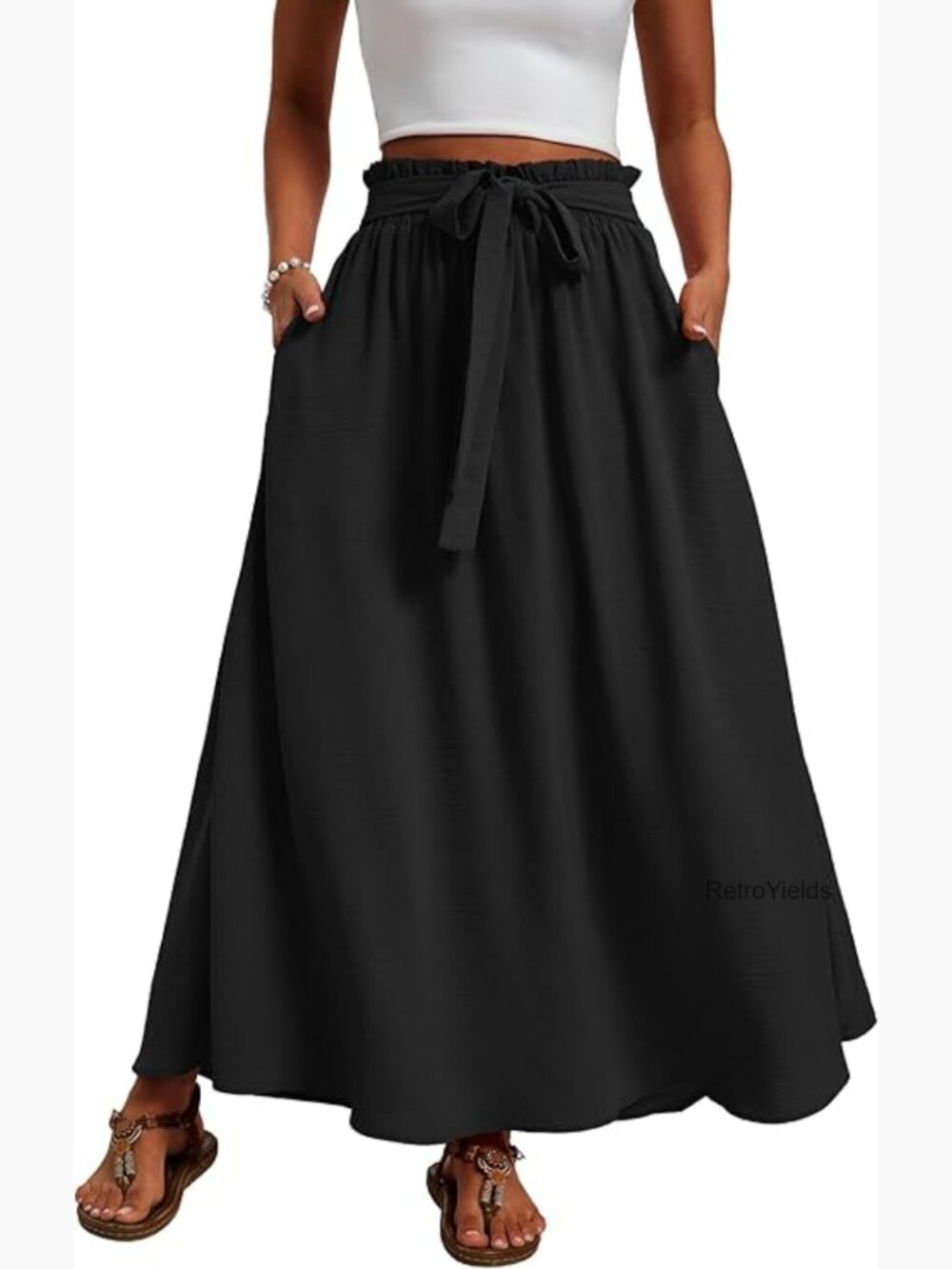 High Waisted Flowy A Line Maxi Skirt with Tie Waist for Summer